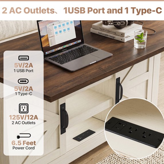 Sonergra Lift Top Coffee Table with Storage, Farmhouse Living Room Table with Charging Station & Barn Doors, White