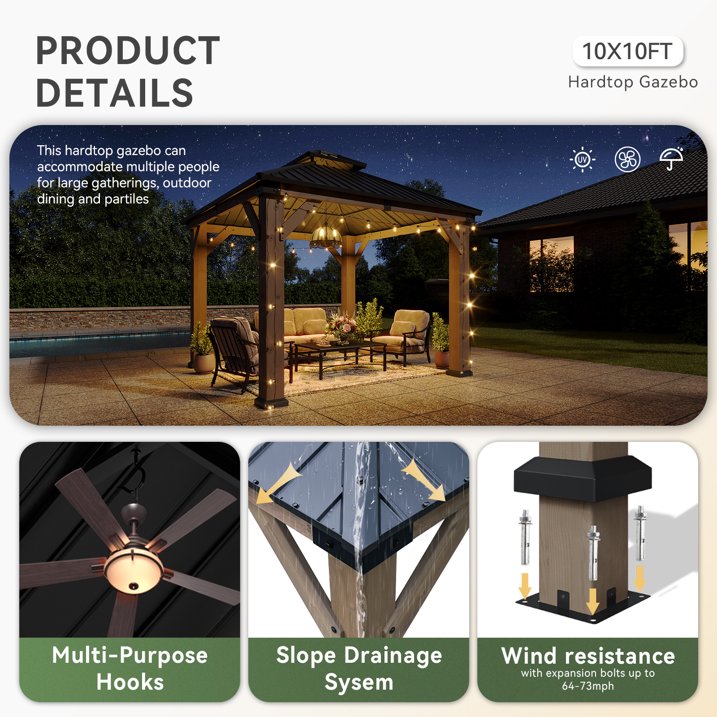 Aoxun 10' x 10' Outdoor Wood Gazebo, Hardtop Gazebo Permanent Wooden Pavilion with Galvanized Steel Double Roof, for Patio, Garden, Deck, Cedar Wood