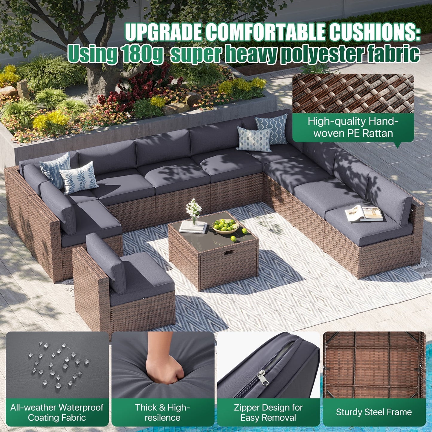 Clouddwell 11 Piece Patio Furniture Set Wicker Rattan Patio Conversation Set Outdoor Sectional Sofa Set with Coffee Table and Gray Cushions(Waterproof Cover Included)