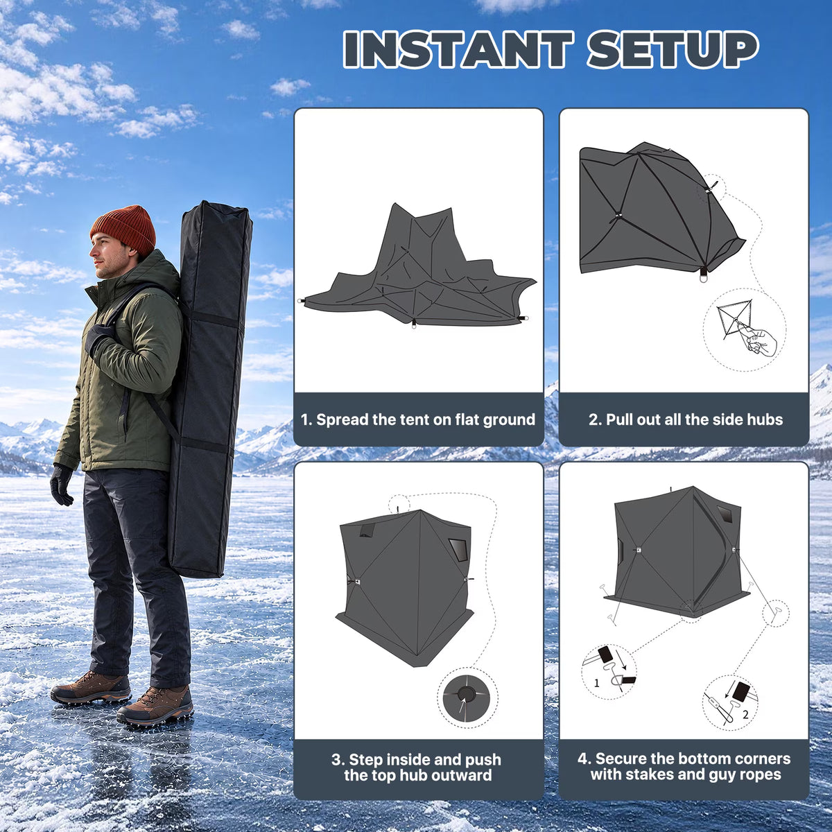 Dateyes Pop Up Ice Fishing Shelter, Insulated Ice Fishing Tent for 2-3 People, 420D Insulated Fabric, 70"x70"x78" 35 sq.ft Fishing Area, Red