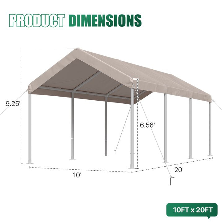 Clouddwell Carport 10x20 FT Heavy-Duty Portable Carport, Outdoor Car Canopy Shelter with Waterproof Tarp & Wind Resistant Design, Galvanized Steel Frame for Vehicle, RV, Boat, Truck Cover (Khaki)