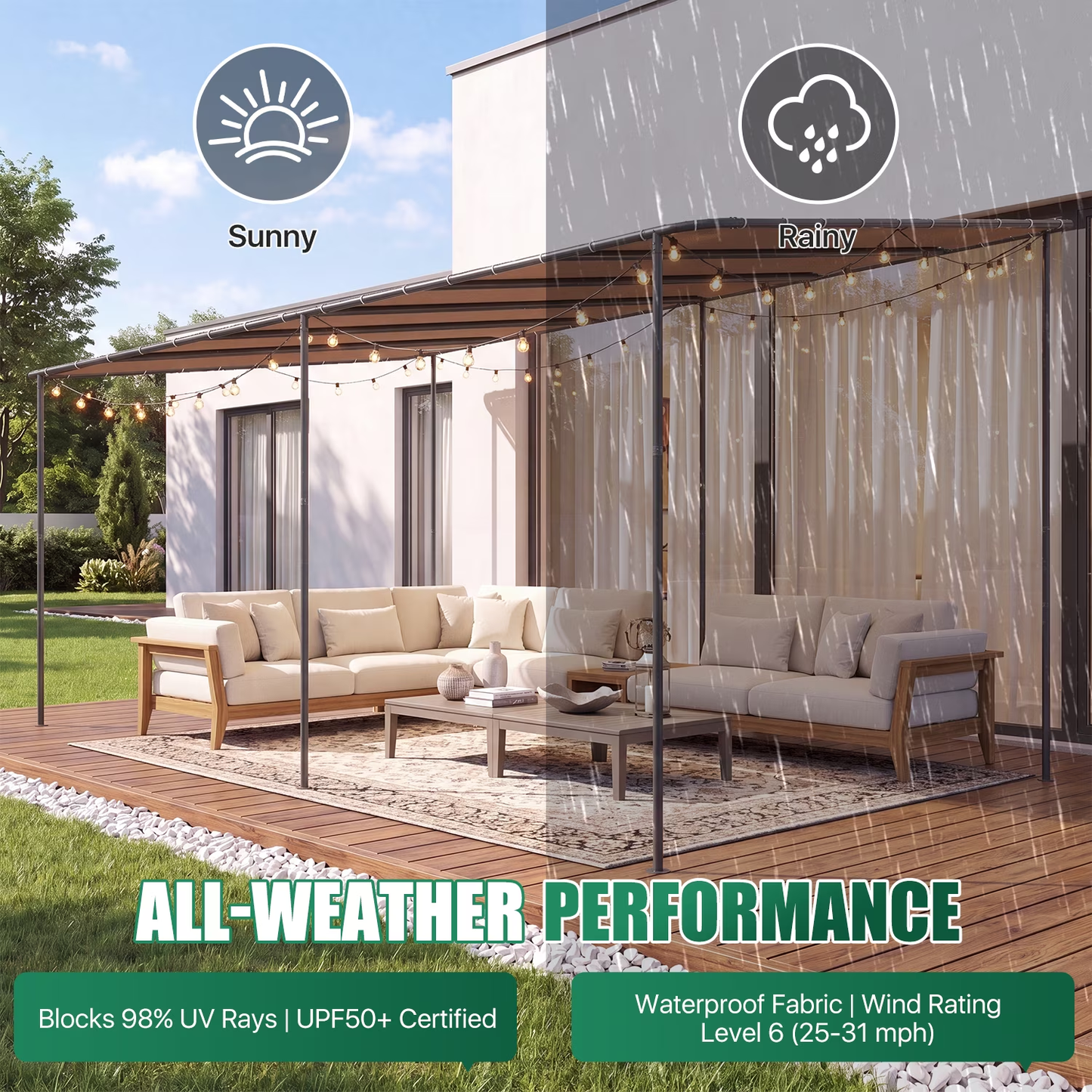 Clouddwell 12×20 FT Wall-Mounted Sloped Roof Outdoor Pergola Canopy, Water-Resistant & UV-Resistant Metal Patio Gazebo for Backyard Garden Porch in Khaki