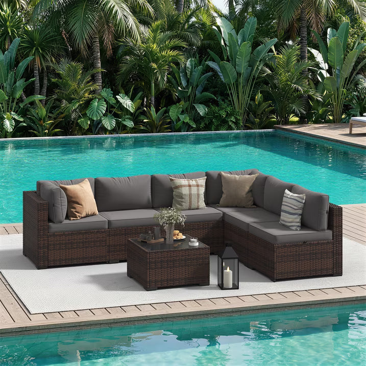 Dateyes 7-Piece Outdoor Patio Sectional Sofa Set, All-Weather Wicker Rattan Furniture with Coffee Table (Grey)