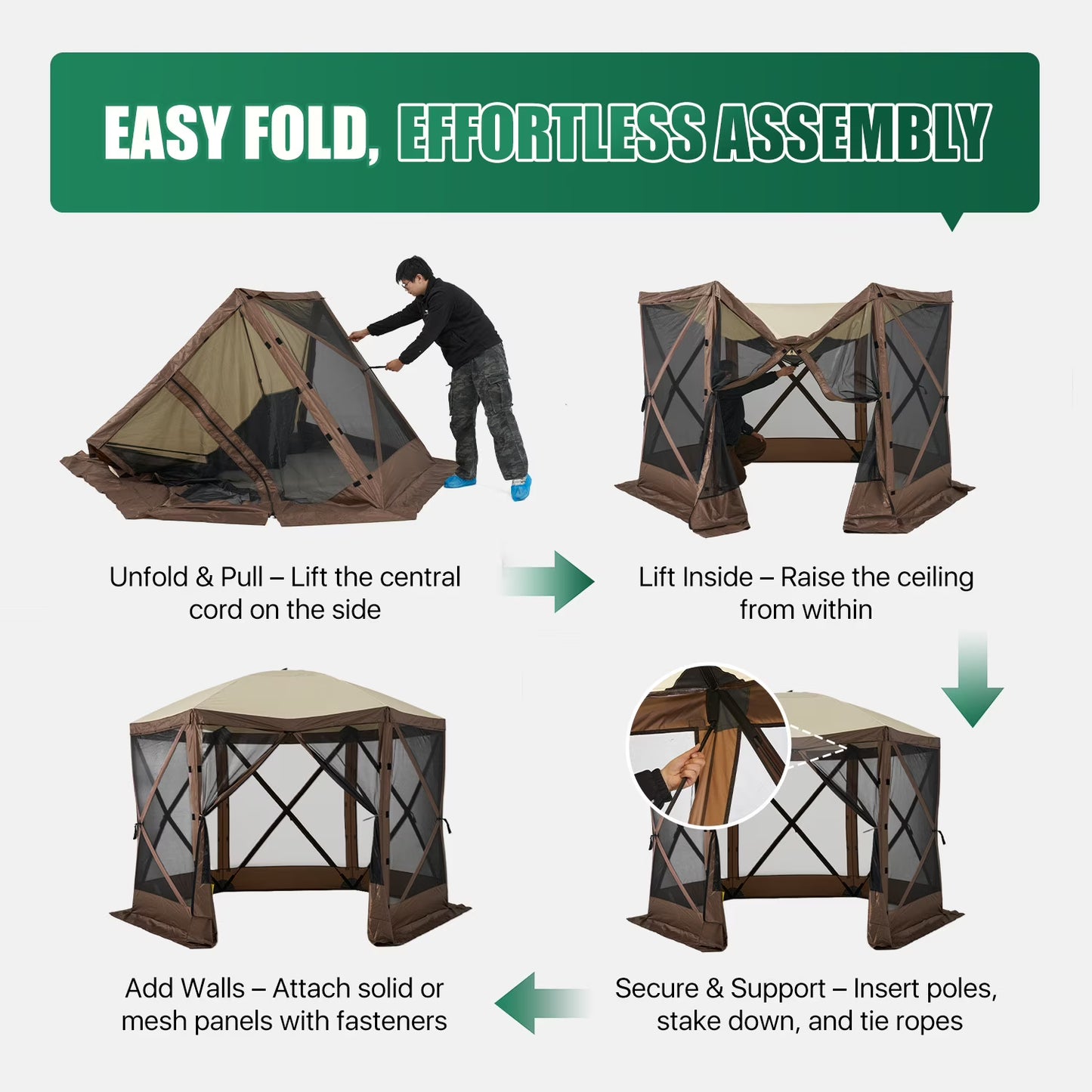 Clouddwell 10x10 FT Outdoor Pop-up Gazebo Tent, 6-Sided Screen Room with Waterproof UV-Blocking Canopy, Includes Carry Bag, Stakes & Ropes, Brown
