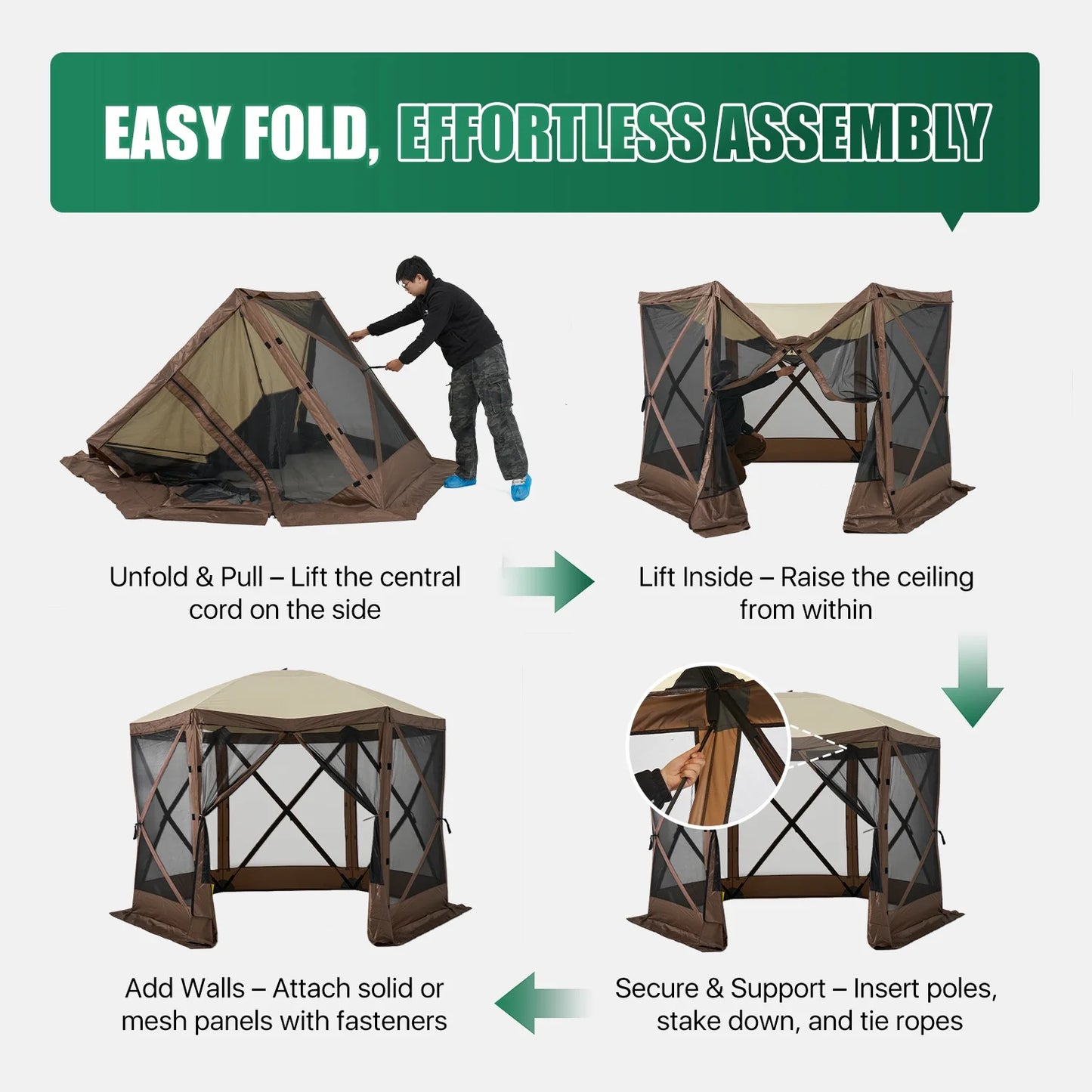 Clouddwell 12x12 FT Outdoor Pop-up Gazebo Tent, 6-Sided Screen Room with Waterproof UV-Blocking Canopy, Includes Carry Bag, Stakes & Ropes, Brown