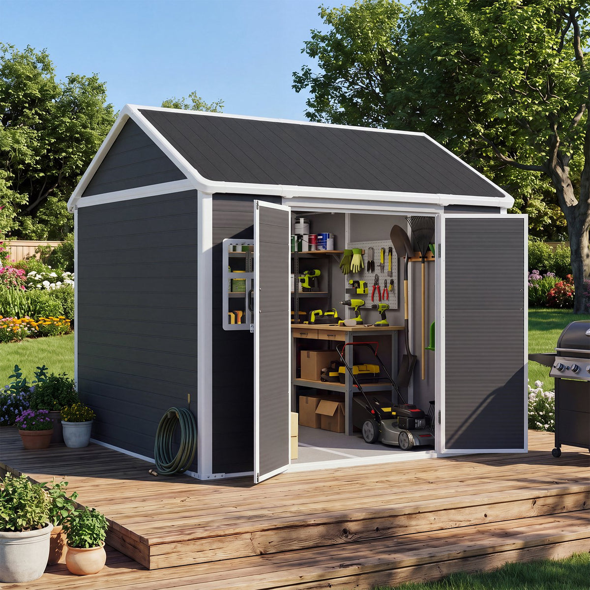 Dateyes 8 x 6 FT Resin Storage Shed, Outdoor Shed with Floor & Window, All-Weather Heavy Duty Plastic Shed for Backyard, Garden, Patio, Black