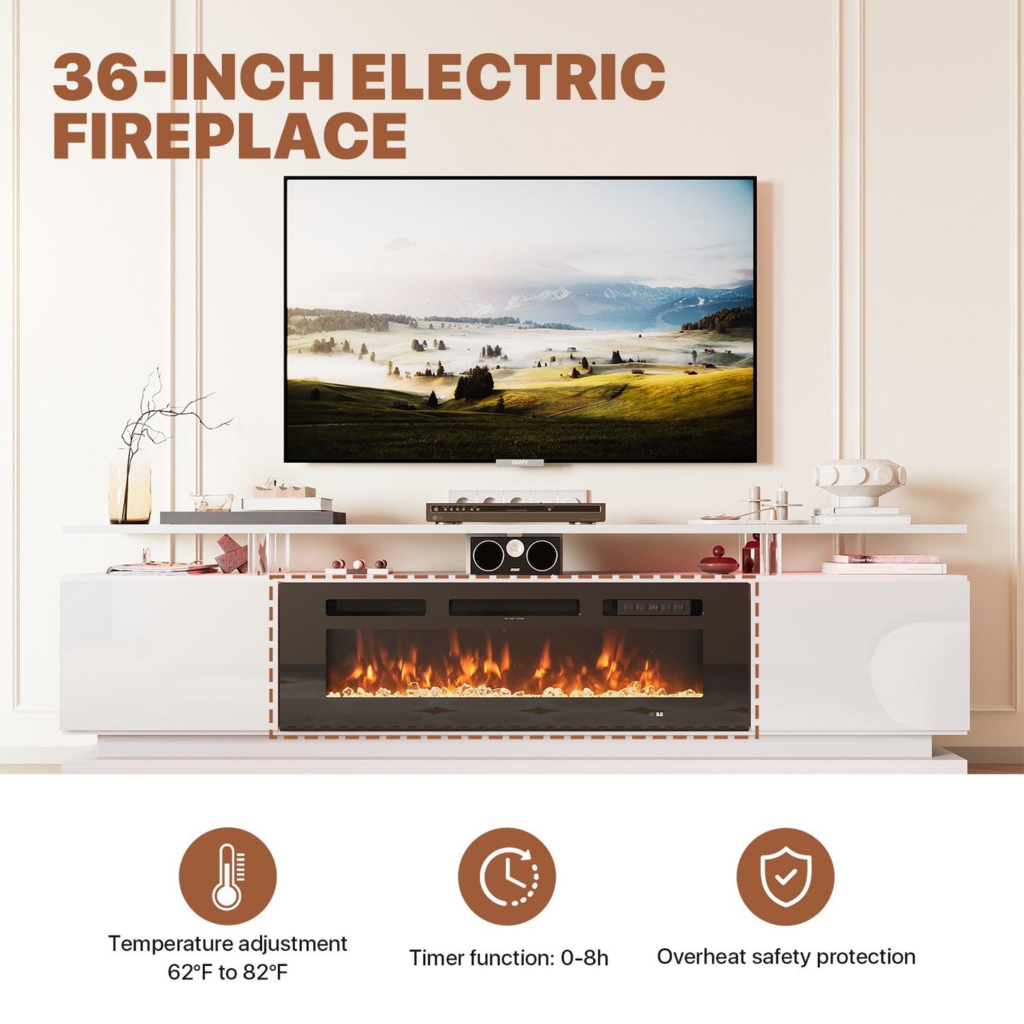 Sonegra Fireplace TV Stand with Electric Fireplace up to 80", Entertainment Center with Fireplace, LED 70" Modern TV Console with Storage for Livingroom, White