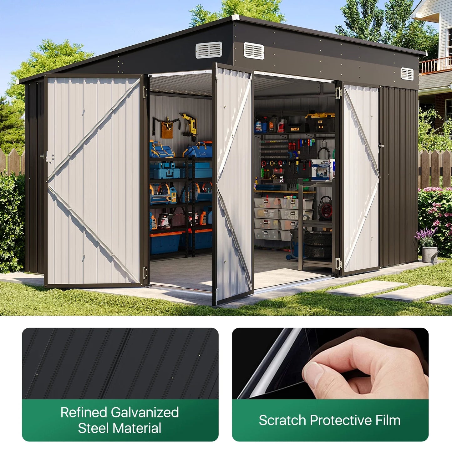 Clouddwell 10ft x 8ft Heavy-Duty Metal Storage Shed with 3 Doors, Lockable Lean-To Design, Weatherproof for Garden & Tools (Black)