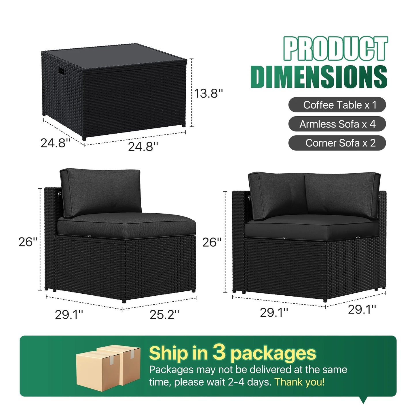 Clouddwell 7-Piece Patio Furniture Set on Sale, Black Rattan Wicker Outdoor Sectional Sofa Couch with Table Patio Conversation Set for Lawn& Backyard,Black