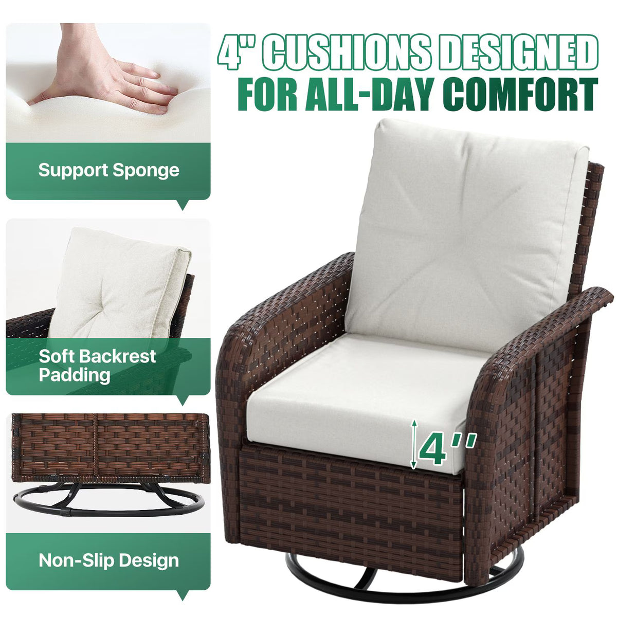 Dateyes 6-Piece Patio Furniture Set, High Back Swivel Rocker Chairs with Thick Cushions, Wicker Rattan Outdoor Sectional Sofa with Ottoman, Beige