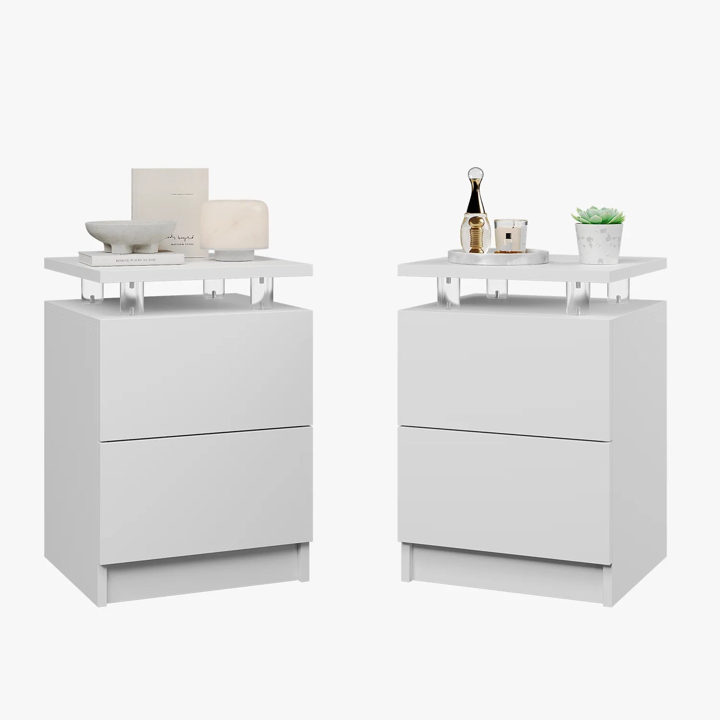Sonegra Nightstand Set of 2 with Charging Station, LED End Table with 2 Storage Drawers, Sofa Side Table for Living Room and Bedroom, White 15IN