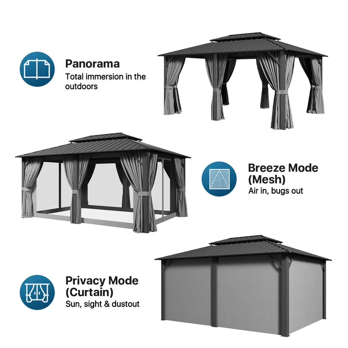Sunmthink 12' x 16' Hardtop Gazebo with Mosquite Netting, Double Metal Roof for Lawn and Garden, Gray