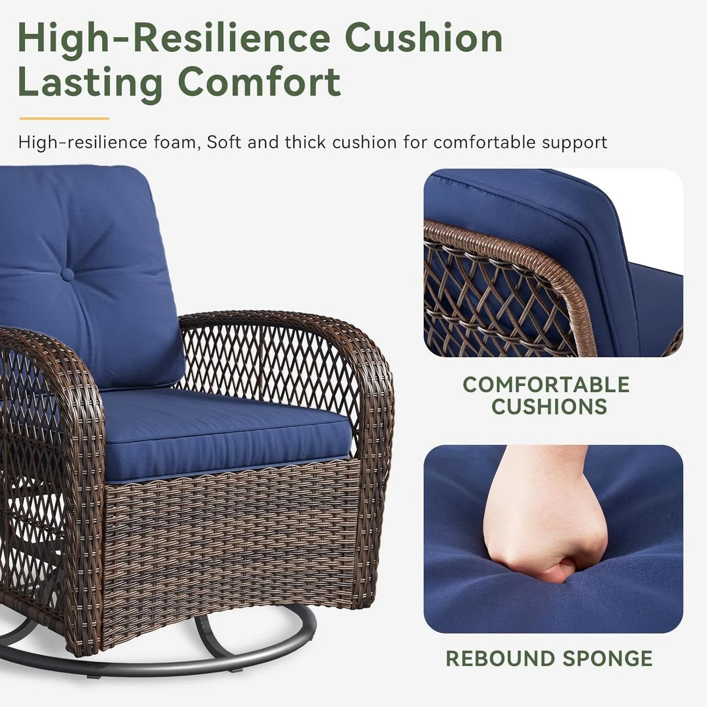 Aoxun 3 Pieces Patio Furniture Set, Patio Swivel Rocker Chairs Set of 2, Wicker Outdoor Bistro Set with Rocking Chair, Thickened Cushions and Table for Porch (Blue)