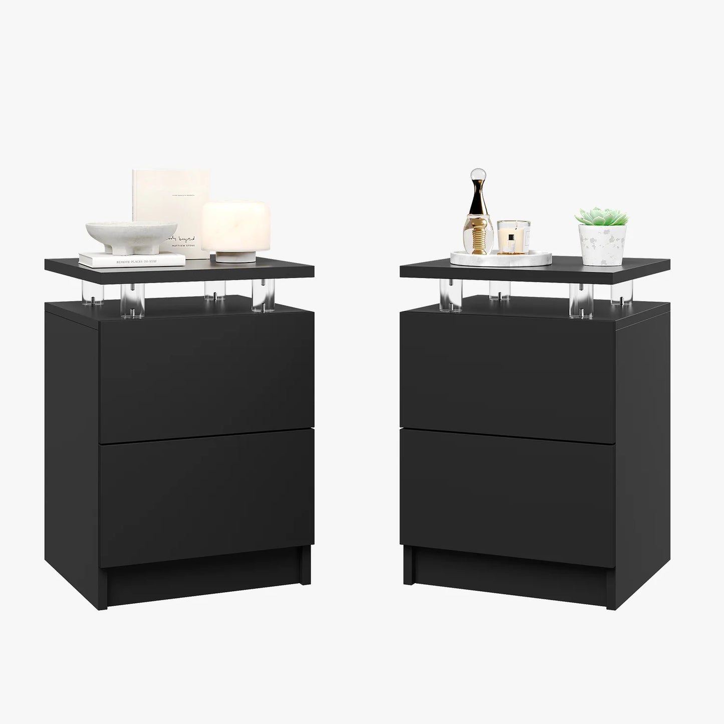 Sonegra Nightstand Set of 2 with Charging Station, LED End Table with 2 Storage Drawers, Sofa Side Table for Living Room and Bedroom, Black 15IN