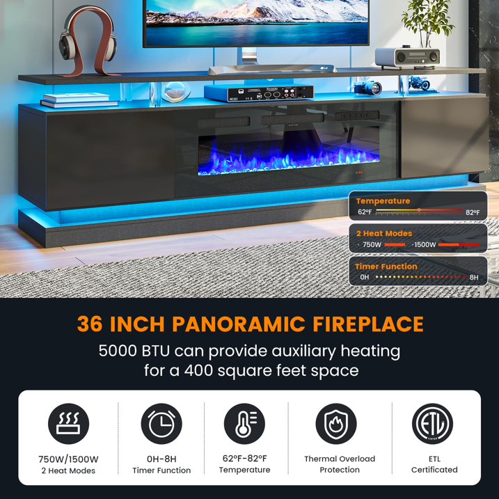 Sunmthink 70" Fireplace TV Stand, Modern Entertainment Center for TVs Up to 80”, TV Console with Storage Cabinets, Media Console for Living Room, Black