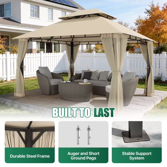 LazySunsets 12'x 10' Patio Gazebo Double Roof Protection All-Weather Outdoor Shelter Features Insect Screens for Backyard, Lawn, (Beige)