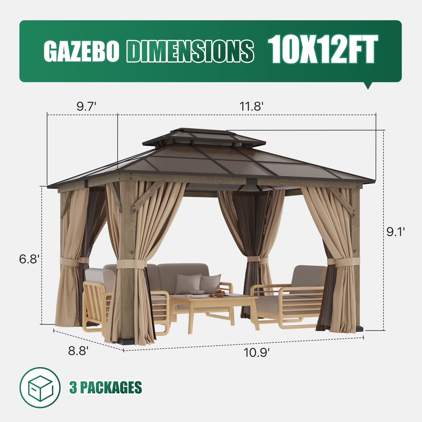 Clouddwell 12'*10' Wood Gazebo,with Double-Layer Galvanized Steel Roof,Suitable for Backyard,Desk,and Lawn