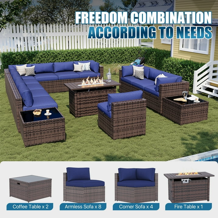 Sunmthink Patio Furniture Sets, 15-Piece Outdoor Patio Furniture with 44'' Propane Gas Firepit Table, Wicker Outdoor Conversation Set and Waterproof Cover for Backyard, Poolside, Garden