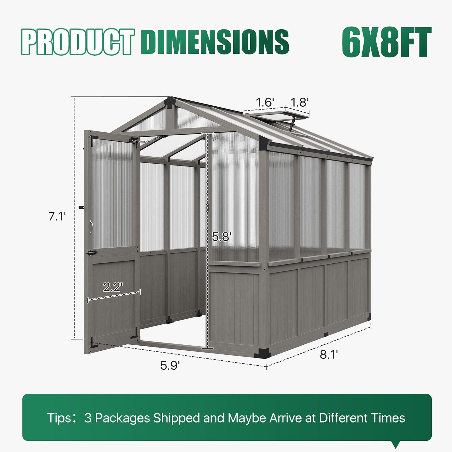 Clouddwell Large Outdoor Wooden Storage Shed, Polycarbonate Panels with Automatic Roof Vent & Lockable Door, Outdoor Walk-in Garden Greenhouse, 6x8 FT, Gray