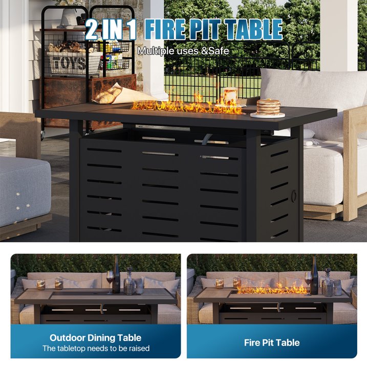 Sunmthink 42 Inch 60,000 BTU Fire Pit Table - Ceramic Tabletop with Lava Rocks & Lid