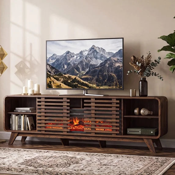 Sonegra Fireplace TV Stand with 40" Electric Fireplace, Mid Century Modern Entertainment Center with Led Lights for 90" TVs , Wood Media Console with Slatted Sliding Doors for Living Room, Brown