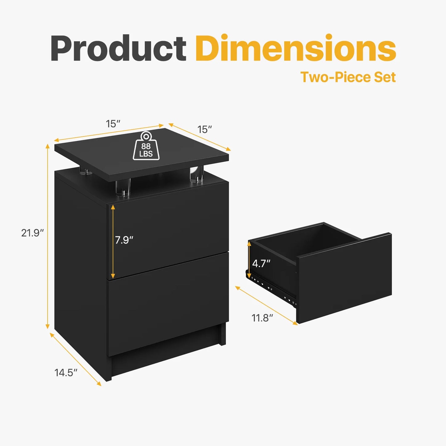 Sonegra Nightstand Set of 2 with Charging Station, LED End Table with 2 Storage Drawers, Sofa Side Table for Living Room and Bedroom, Black 15IN