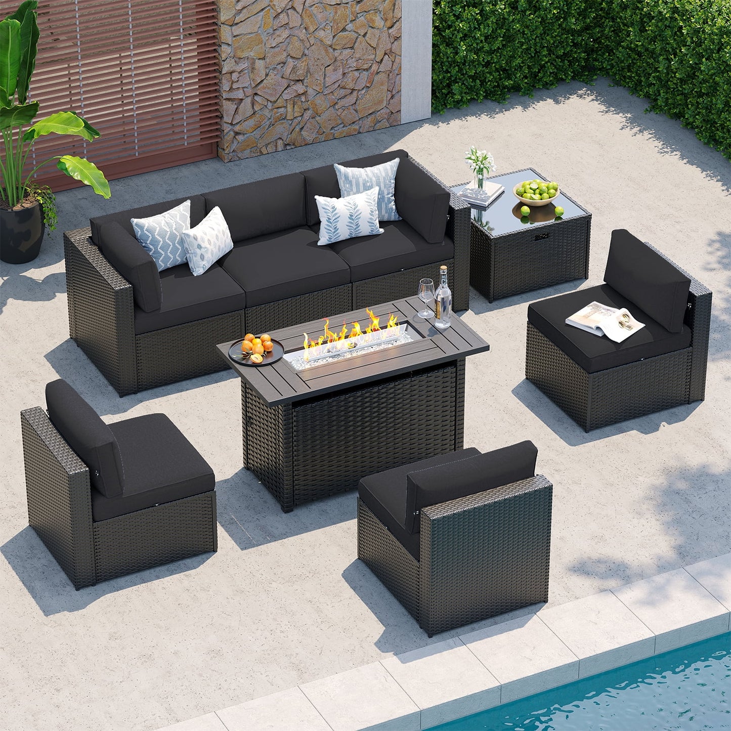 Clouddwell 8-Piece Patio Furniture Set With Fire Table On Sale, Black Rattan Wicker Outdoor Sectional Sofa Couch with Table Patio Conversation Set for Lawn& Backyard,Black