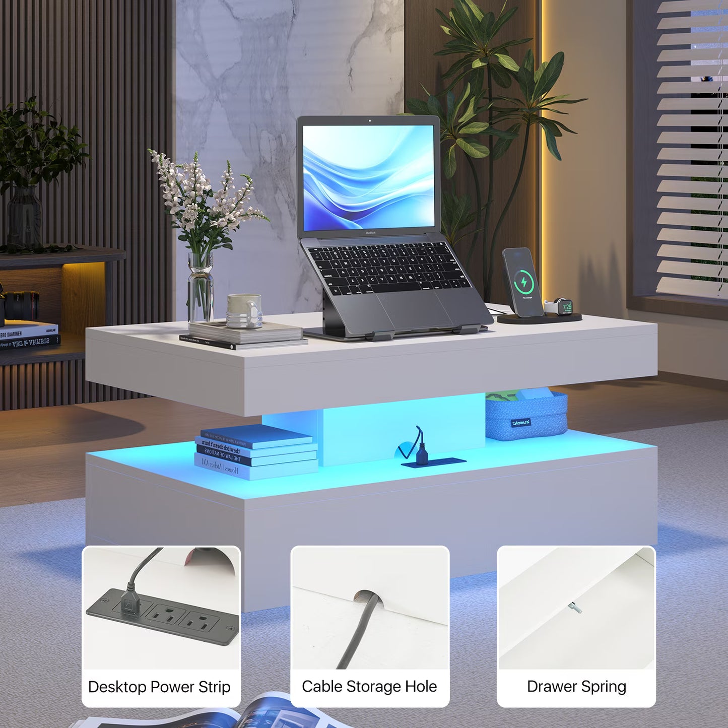 Sonegra 39" High-Glossy LED Coffee Table, Storage Coffee Table with 2 Sliding Drawers for Living Room, Modern Stylish Double-Layer Center Tables with LED Lights, White