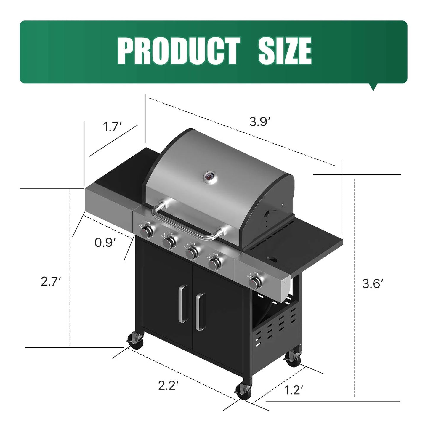 Clouddwell 4 Burner Gas Grill, with 4 Casters, Side Table, and Thermometer, Patio Garden BBQ Grill Perfect for Camping, Black and Silver