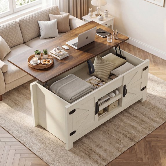 Sonergra Lift Top Coffee Table with Storage, Farmhouse Living Room Table with Charging Station & Barn Doors, White