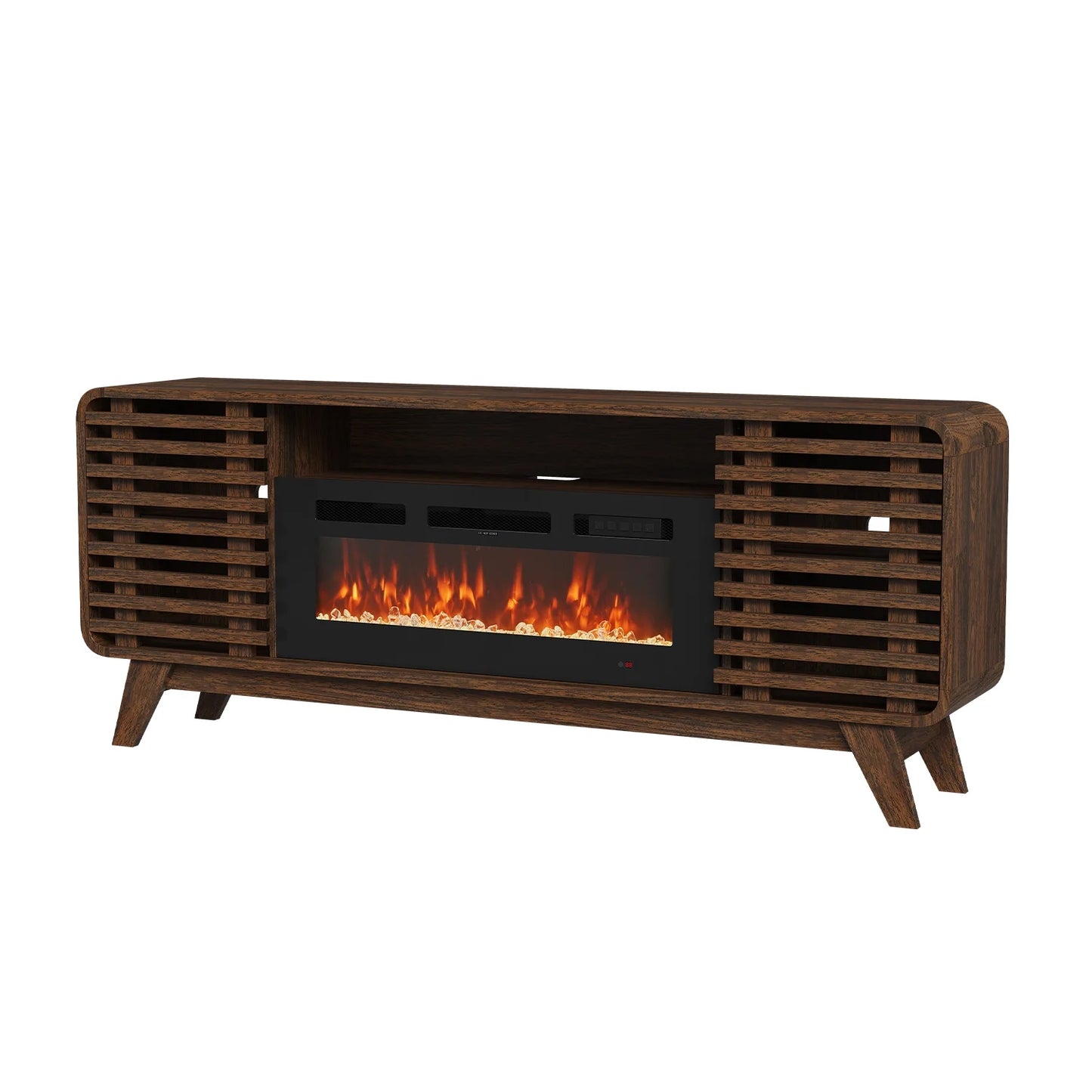 Sonegra Fireplace TV Stand with 36" Electric Fireplace, Mid Century Modern Entertainment Center with Led Lights for 80” TVs , Wood Media Console with Slatted Sliding Doors, for Living Room