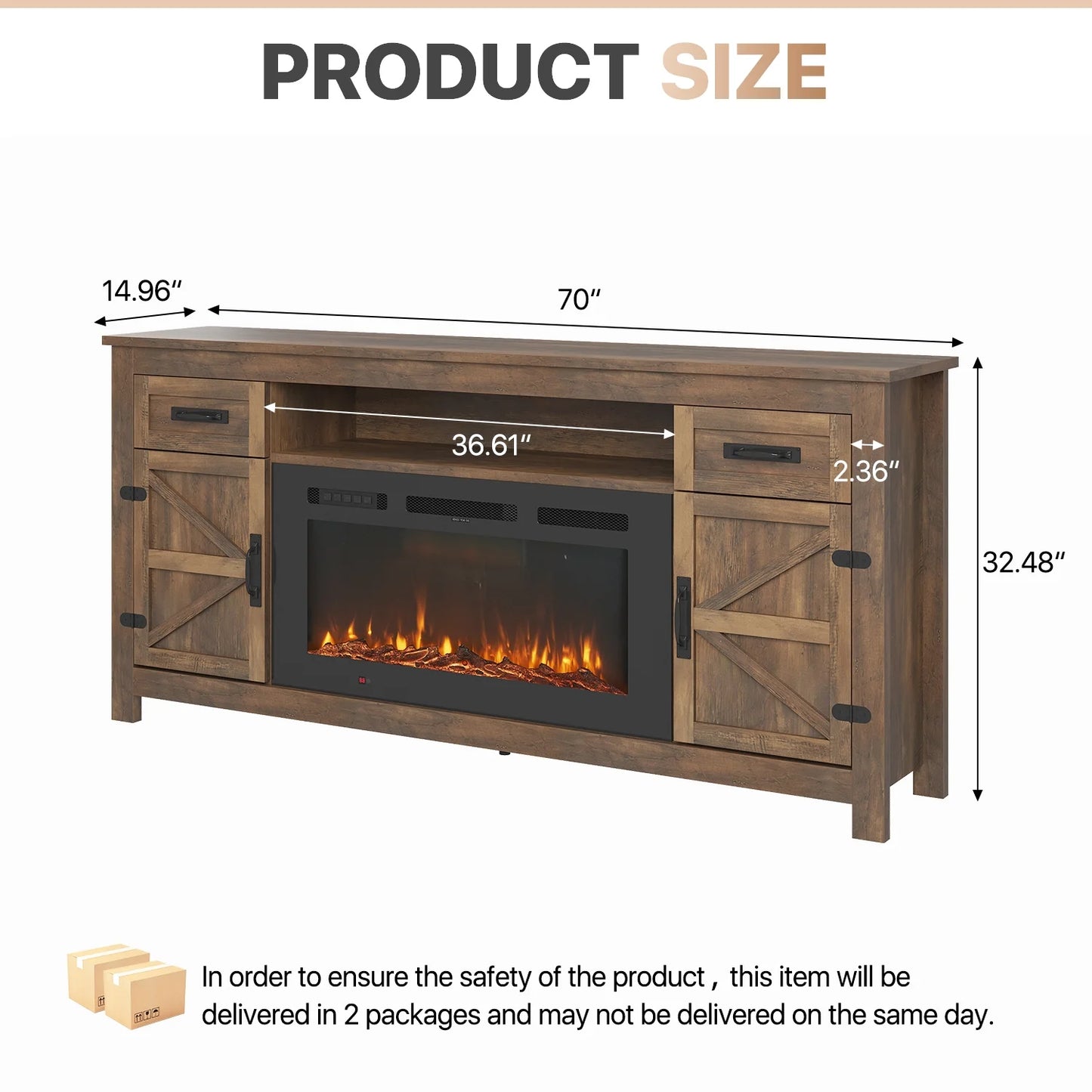 Sonegra 70" Fireplace TV Stand, Entertainment Center for TVs Up to 80”, TV Console with Storage Cabinets, Media Console for Living Room, Brown TV Stand and Black Fireplace