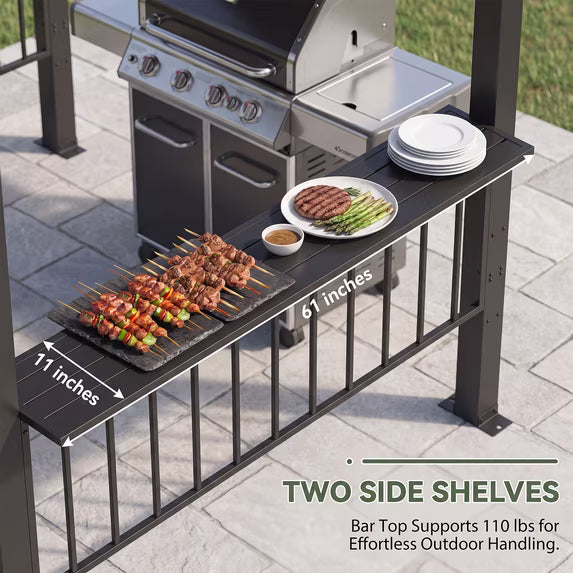 Clouddwell 12'x6' Permanent Metal Gazebo,Outdoor BBQ Canopy with Sloping Steel Roof, Grill Shelter with 2 Side Shelves and Hooks for Patio, Backyard, Deck