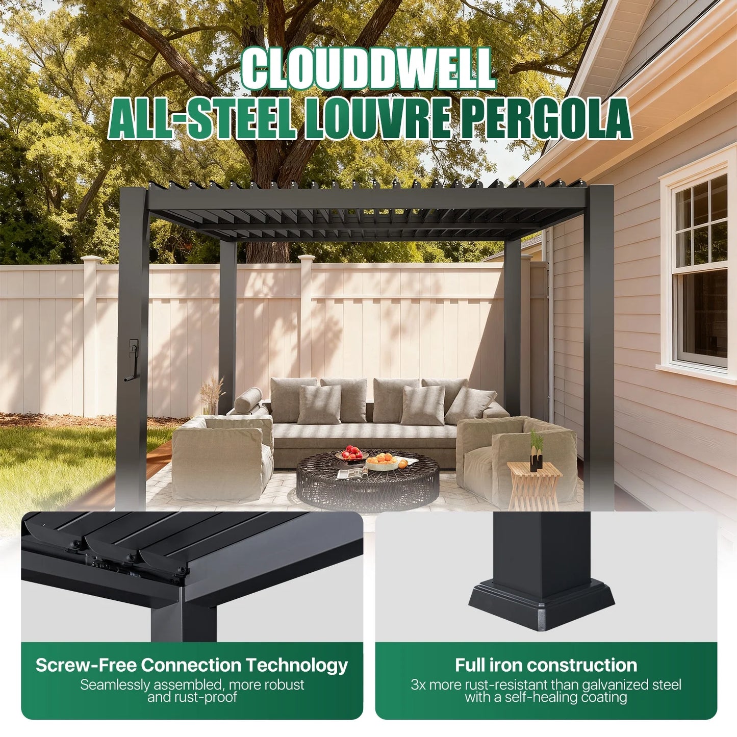 Clouddwell Louvered Pergola with Adjustable Top, 10'x10' Outdoor Metal Pergola, Gray, for Patio, Garden and Backyard