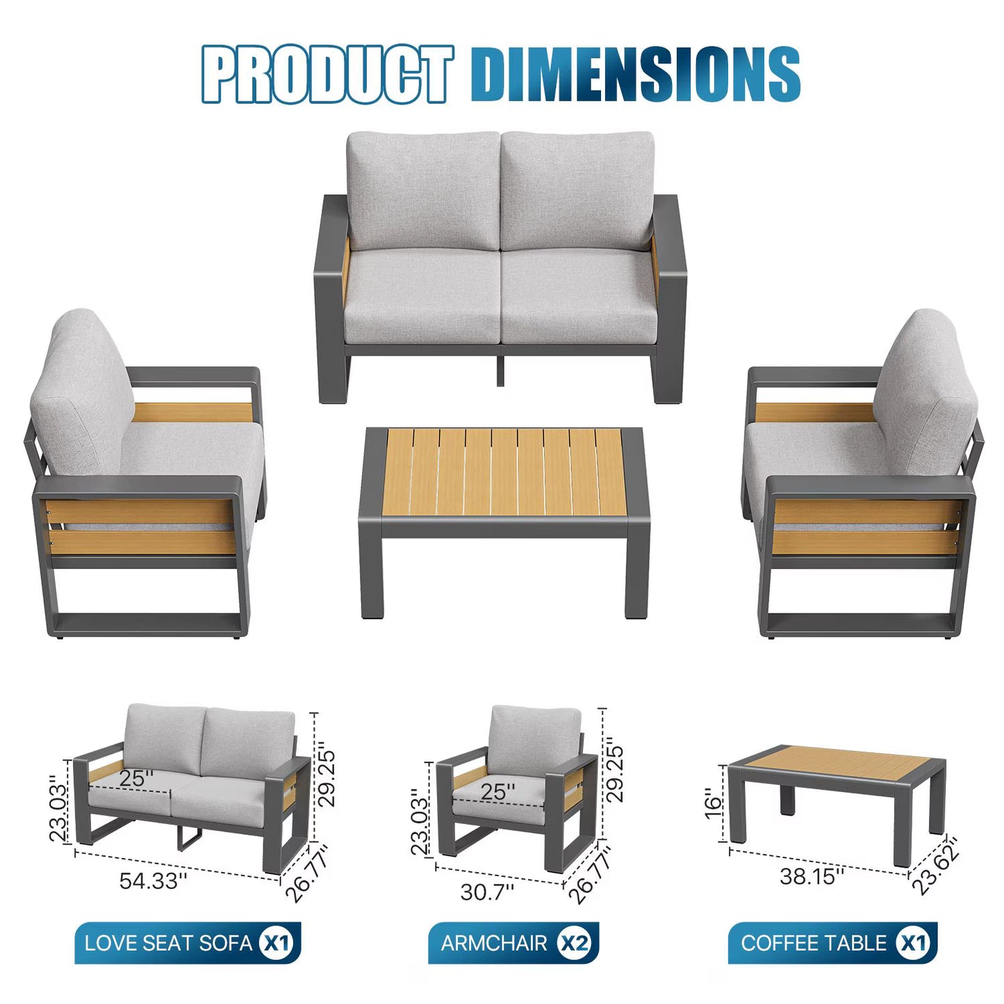Clouddwell 4-Seats Aluminum Patio Furniture Set, Outdoor Metal Sofa Conversation Set with Coffee Table for Pool Garden Porch Backyard, Light Gray