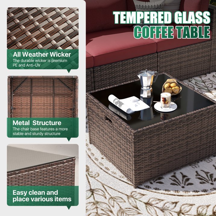 Clouddwell 8 Piece Patio Furniture Set with 44” Fire Pit Table Wicker Rattan Patio Conversation Set Outdoor Sectional Sofa Set with Coffee Table and Blue Cushions(Waterproof Cover Included)