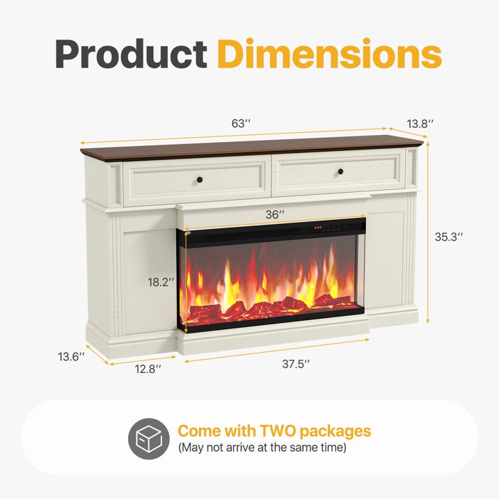 Sonegra Fireplace TV Stand for TVs up to 70" with 36" Fireplace, Farmhouse Entertainment Center with Fireplace, Wooden Media Console for Living Room, White