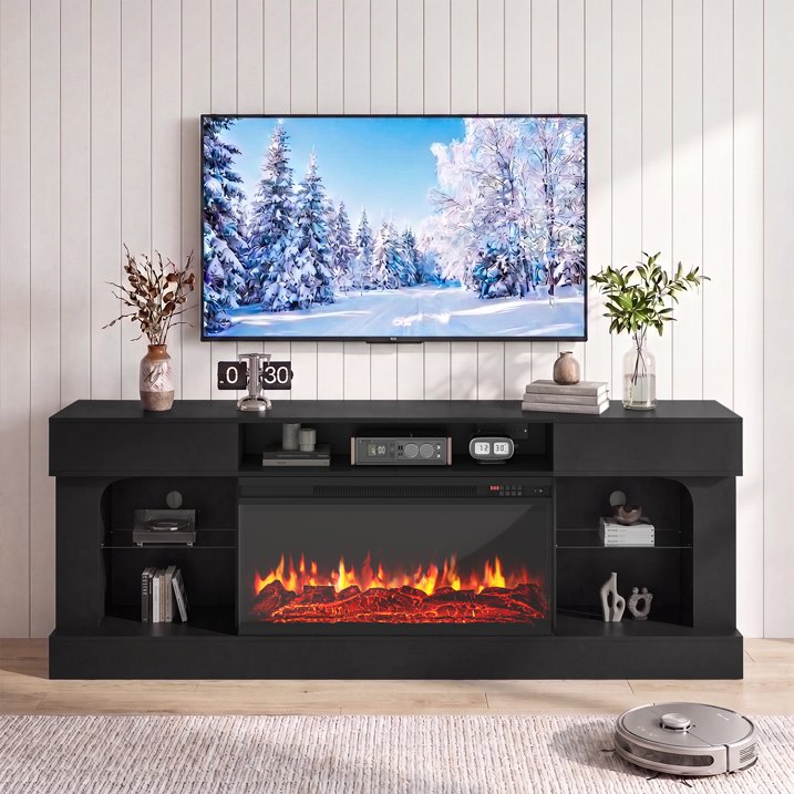 Sonegra 80 Inch Fireplace TV Stand, 3‑Sided Glass Electric Fireplace Media Console Fits Up to 90" TV, Entertainment Center with Shelves & Spacious Storage, LED Flame TV Cabinet for Living Room, Black