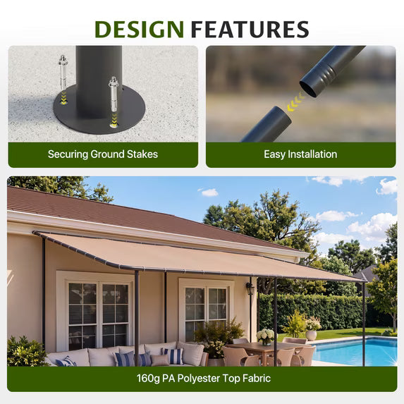 Dateyes 16'x12' Wall-Mounted Metal Gazebo , Water-Resistant Khaki Canopy with UV Protection for Patio & Garden