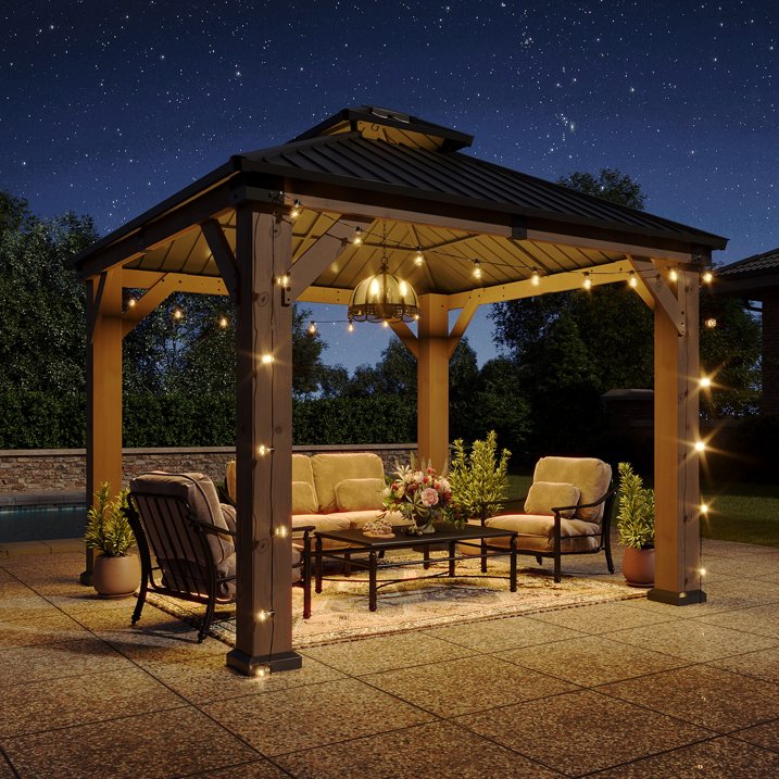 Aoxun 10' x 10' Outdoor Wood Gazebo, Hardtop Gazebo Permanent Wooden Pavilion with Galvanized Steel Double Roof, for Patio, Garden, Deck, Cedar Wood