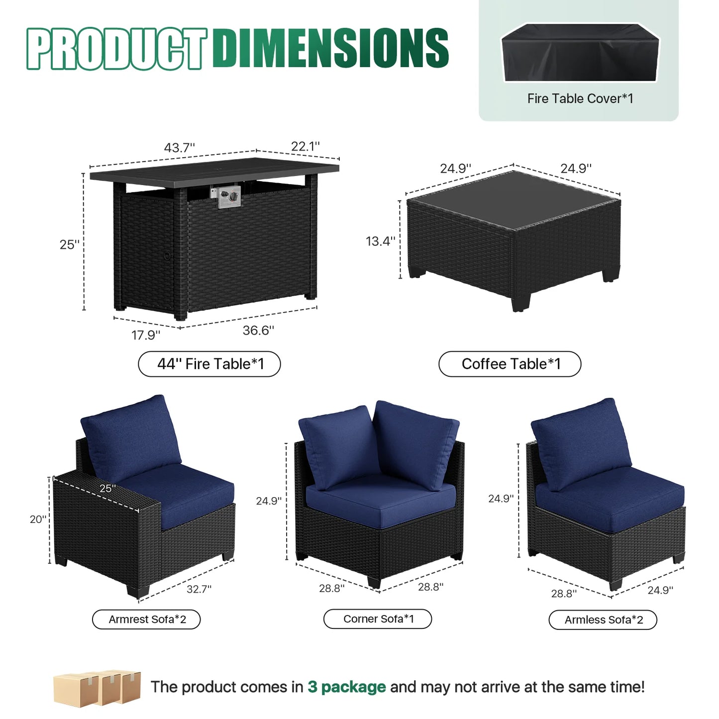 Clouddwell 7-Piece Outdoor Patio Set,4-Inch Thickened Cushions, All-Weather Wicker Sectional with Fire Table, Coffee Table & Custom Protective Cover Navy Blue