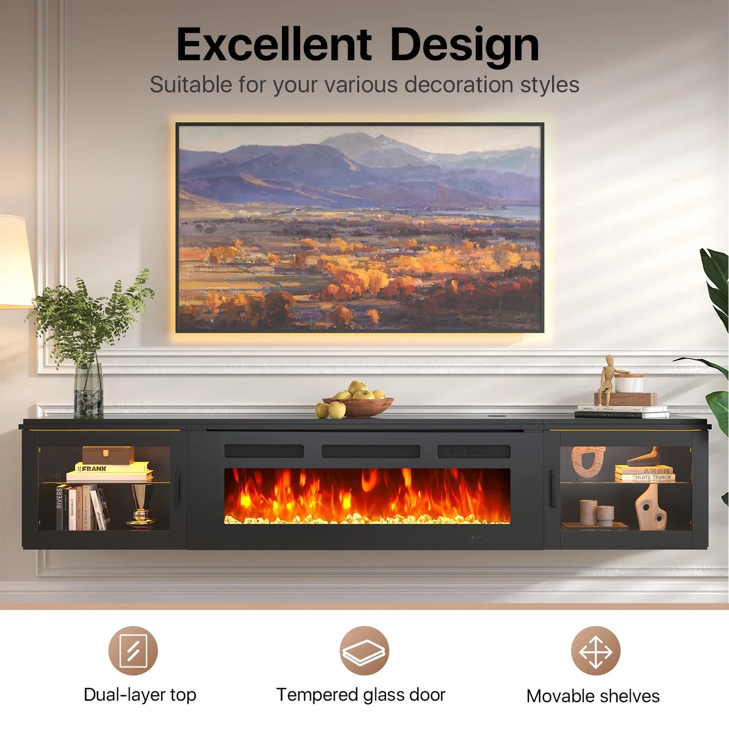 Sonegra 70" Floating TV Stand with 36" Electric Fireplace, High Gloss Finish Wall Mounted Fireplace Entertainment Center with Storage for TVs Up to 80", Black