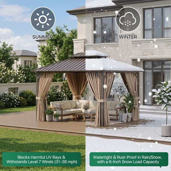Dateyes 12x10 FT Outdoor Hardtop Gazebo, Aluminum Frame Gazebo with Removable Mesh Walls and Curtains for Patio, Lawns, Brown