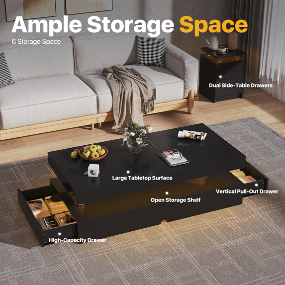 Sonegra 3-Piece Living Room Coffee Table Set, Including A Modern Coffee Table and 2 LED End Tables with Storage Drawers, Black