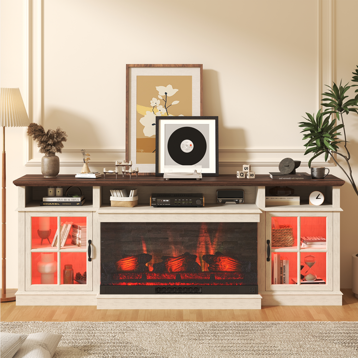 Sonegra 70 inch Fireplace TV Stand for TVs up to 80" with Electric Fireplace, Farmhouse Entertainment Center with LED Lights and Glass Door, Modern TV Consoles for Living Room, White