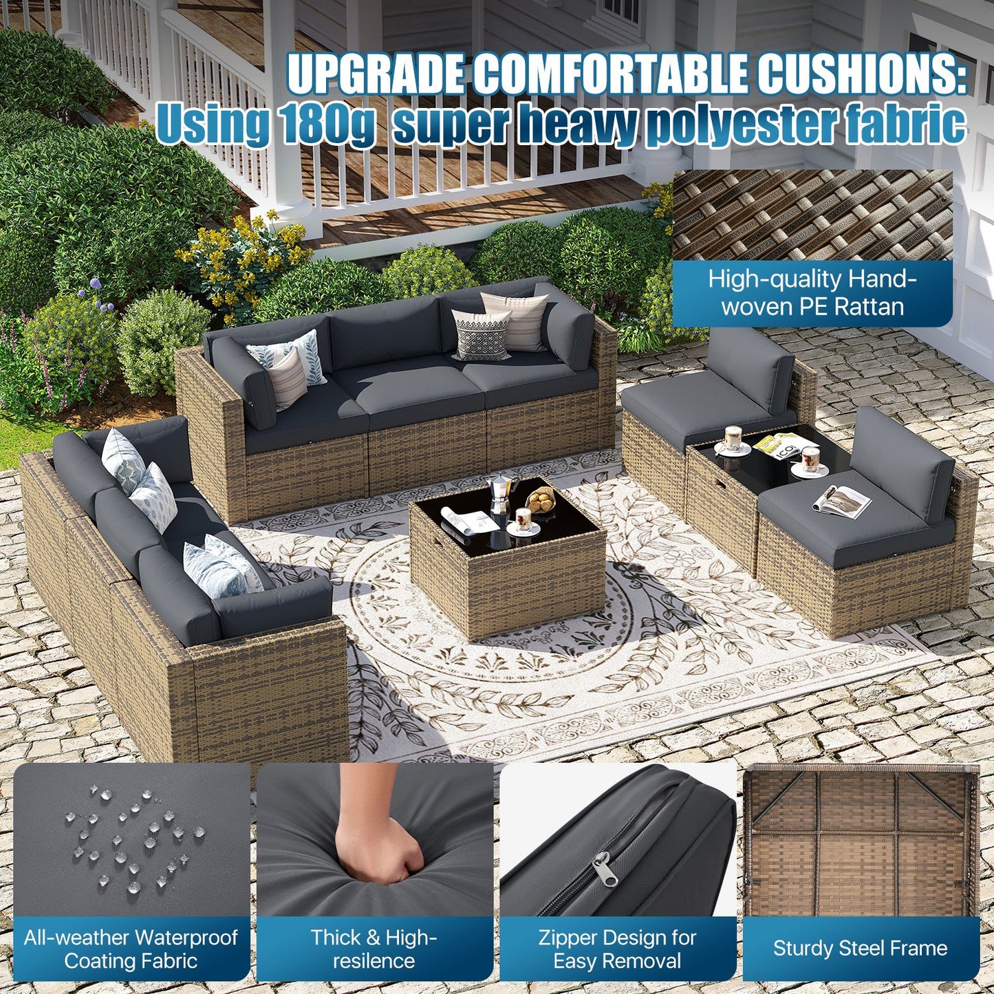 Sunmthink Patio Furniture Sets, 10-Piece Outdoor Patio Furniture with Thick Cushions, Wicker Outdoor Conversation Set and Waterproof Cover for Backyard, Poolside, Garden