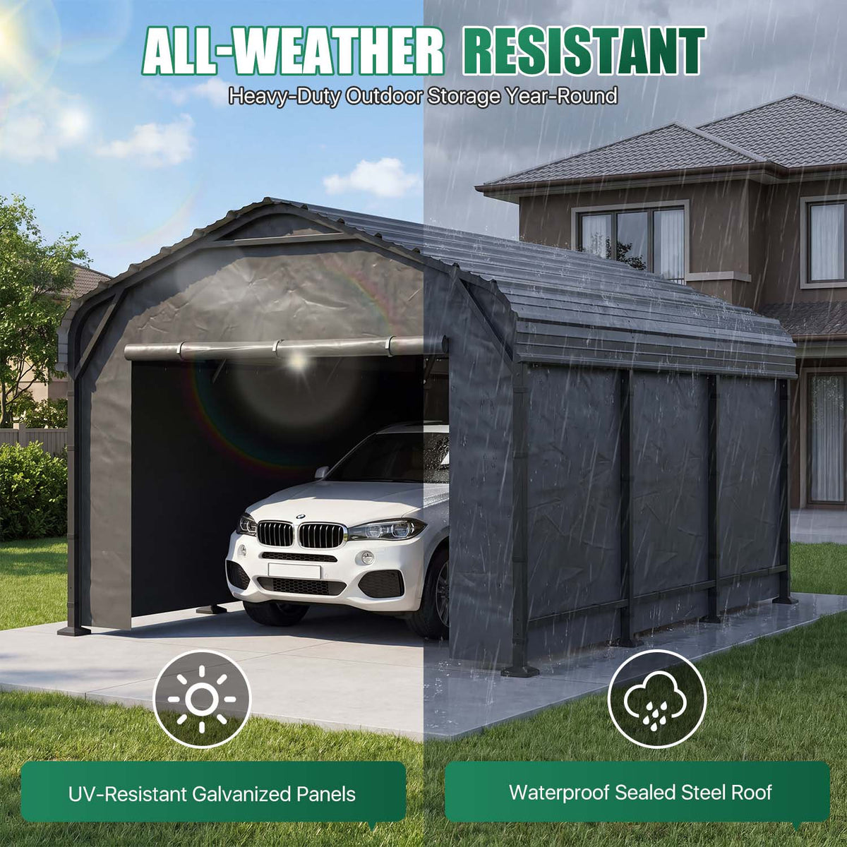 Clouddwell 10x15FT Heavy Duty Metal Carport, Carport Canopy with Sidewalls, Enclosed Car Garage, Outdoor Storage with Reinforced Frame & Galvanized Roof, Garage Shelterf for Car, Pickup, Truck, Boat
