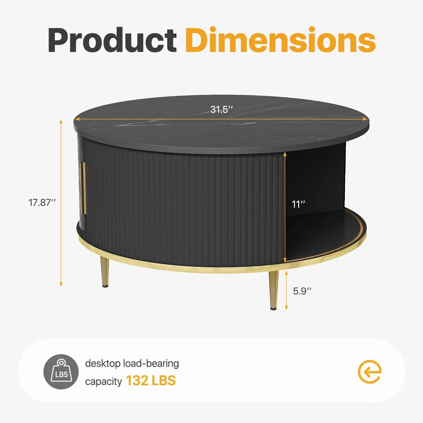 Sonegra Mid-Century Modern Round Coffee Table - Black with Sliding Door Storage for Living Room