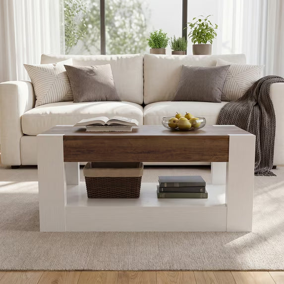 Sonergra Farmhouse Coffee Table with 2 Side Drawers, 47 Inch Rustic Wooden Rectangular Cocktail Table, Multifunctional TV Stand for Living Room,White