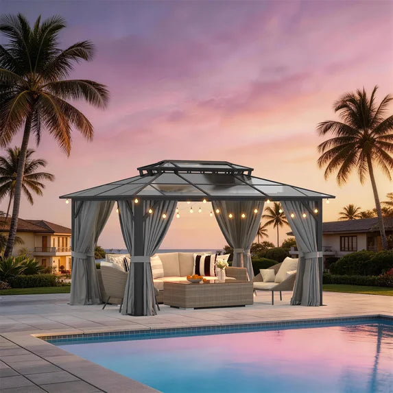 Sunmthink 10' x 14' Hardtop Gazebo,Polycarbonate Double Roof,Aluminum Frame with Curtains and Netting for Patio,Garden,Gray